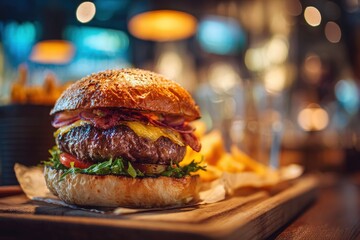 Hamburger in a restaurant,beautiful background
