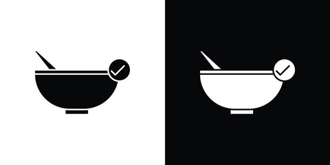 Bowl with Spoon and Checkmark Icon, Isolated on White and Black Backgrounds
