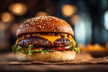 Hamburger in a restaurant,beautiful background