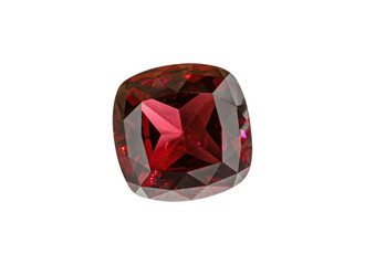 A rich garnet gemstone with a cushion cut, featuring a deep red shade and brilliant facets. Ideal...