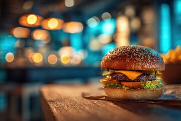 Hamburger in a restaurant,beautiful background