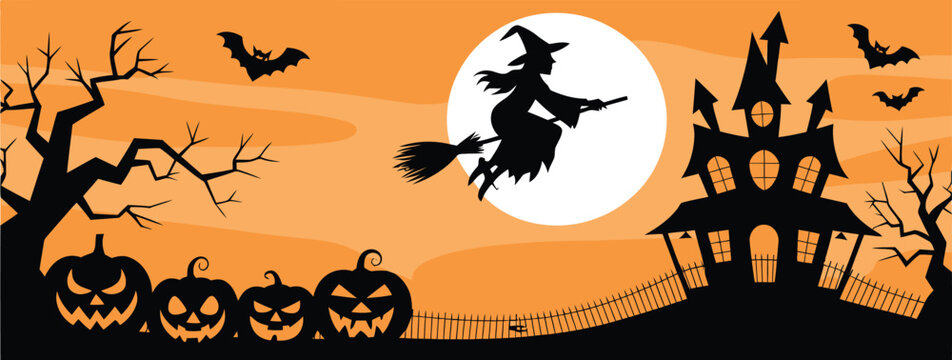Halloween Scene With Witch Flying Past Full Moon And Haunted House broom
