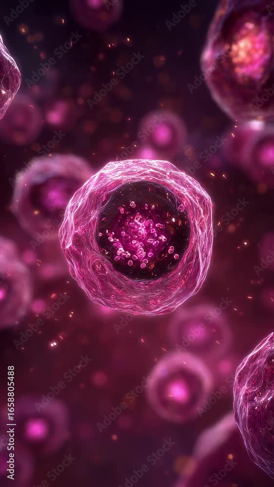 Poster scientific microscopic video illustrating programmed cell death in tissue capturing nucleus fragment