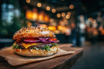 Hamburger in a restaurant,beautiful background