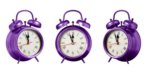 set collection retro clock, watch, pointer clock, Purple, violet color alarm clock on isolated white background close up