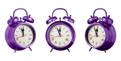 set collection retro clock, watch, pointer clock, Purple, violet color alarm clock on isolated white background close up
