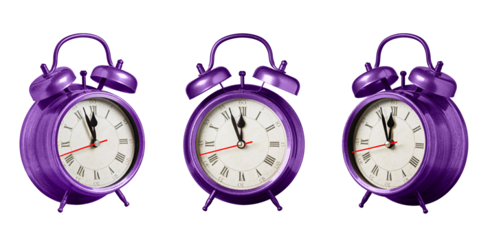 set collection retro clock, watch, pointer clock, Purple, violet color alarm clock on isolated white background close up