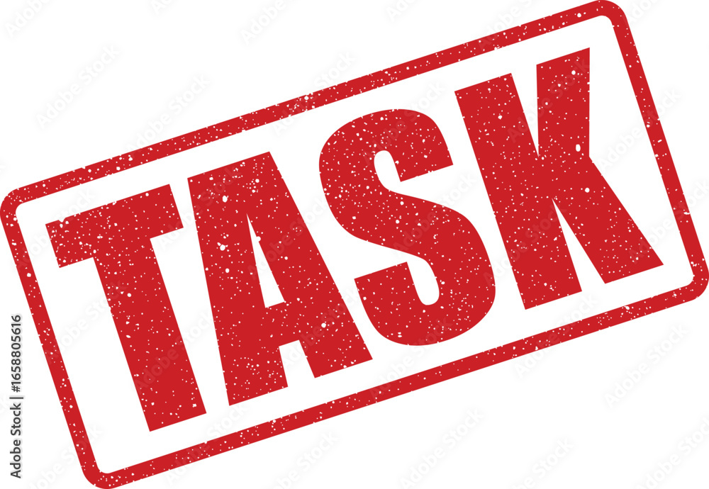Poster red distressed stamp with the word task written in white sansserif font