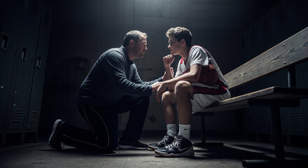 Coach giving a pep talk to a young basketball player in a dark locker room