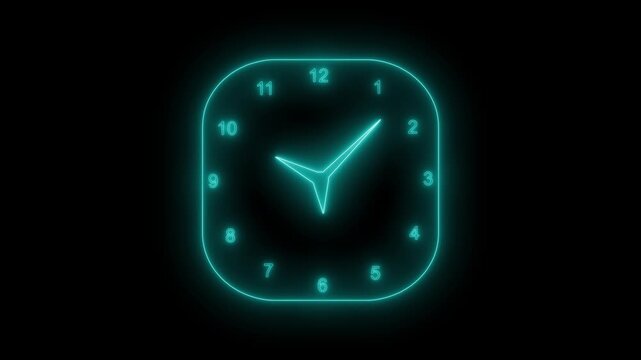 Square rim glowing neon clock isolated with a black background