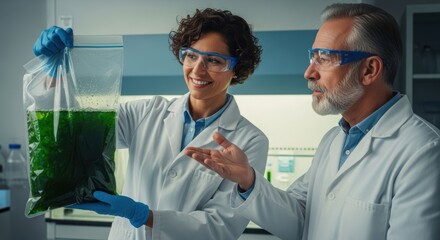 Two scientists analyzing green algae sample in laboratory setting