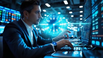 Businessman Working with Time-Based Data on Computer with Glowing Clock Overlay - Powered by Adobe