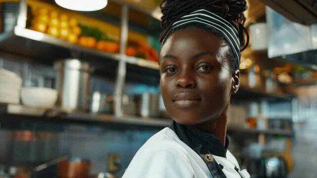 African American chef wearing a white jacket and black pants, standing in kitchen with culinary utensils visible.