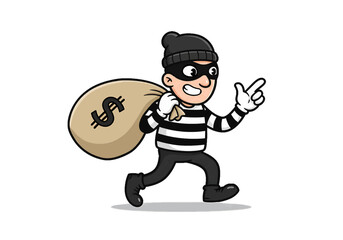 Cartoon thief in striped shirt carrying a bag of money and pointing his finger with a mischievous smile on transparent background