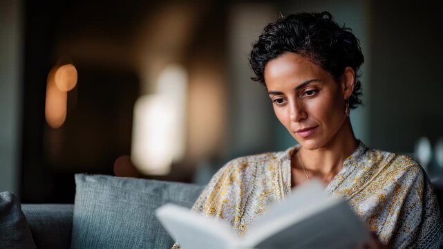 Therapist in medium shot reading a Spanishlanguage mental health manual highlighting investment in culturally sensitive counseling as the room softly blurs behind.