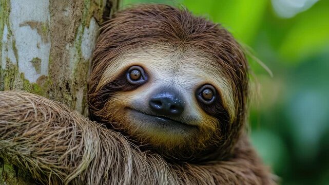 A sloth resting in a tree. Slow and lethargic, the animal is often found in dense forests. This one appears to be at a zoo or wildlife sanctuary.