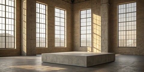 cinematic concrete pedestal mockup background in elegant industrial loft setting