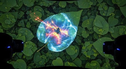 Interactive virtual reality experience with futuristic leaf projection in a green nature setting