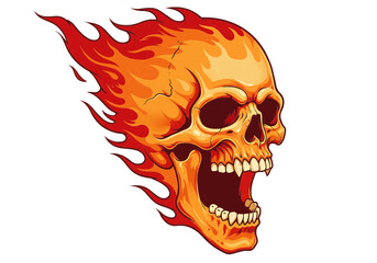 Illustration of a skull engulfed in flames with an open mouth and visible teeth on white backdrop on transparent background