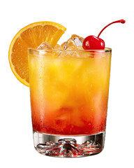 Layered orange and red cocktail in a rocks glass, garnished with orange slice and cherry