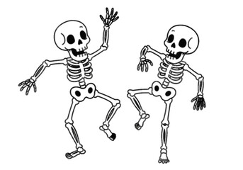 Two cartoon skeletons dancing with raised arms and legs in a playful manner on white background on transparent background