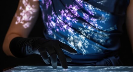 Mysterious female interacting with interactive light display in elegant dress