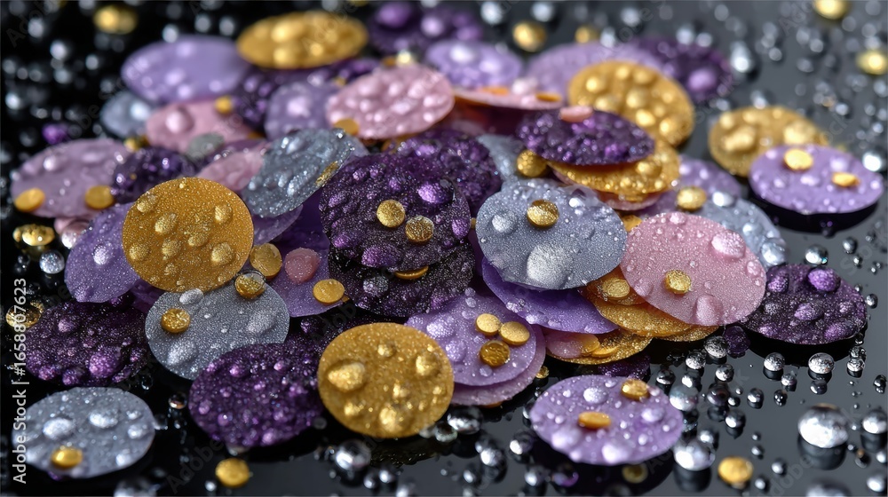 Poster close up of colorful, textured objects with water droplets. a mix of gold and purple disks appear to