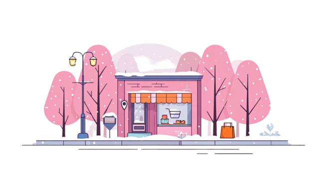 Pink shopfront in snowy winter scene - Powered by Adobe