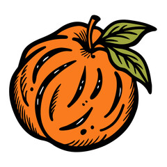Vibrant cartoon orange with detailed black outline and green leaves, perfect for food blogs, healthy eating campaigns, or fresh produce promotions, ready to grab attention