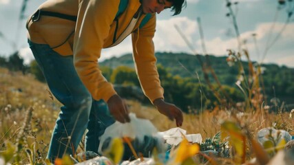 A person collecting trash from a natural environment, promoting cleanliness and nature protection.