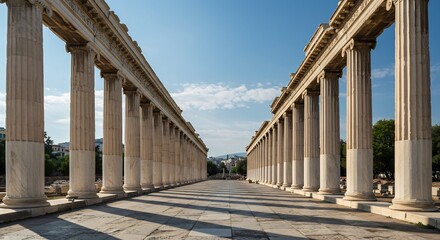 Obraz premium 壮麗な古代ギリシャ様式の柱廊が輝く青空の下に伸びる様子を捉えた写真