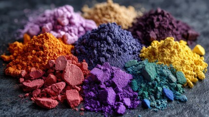 Vibrant colorful pigment powder neatly arranged and ready for artistic application. This visually appealing image features a spectrum of pigments. close up, macro shot