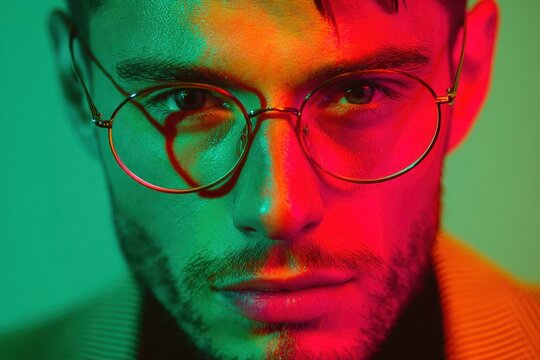Close up of a smiling young man in glasses against a green neon lit background embodying hipster style with space for text
