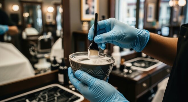 Hair salon preparation: mixing dye in bowl with brush and gloved hands