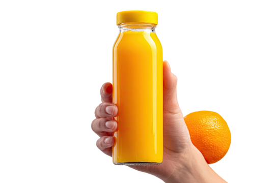 Hand holding a bottle of orange juice (1) - Powered by Adobe