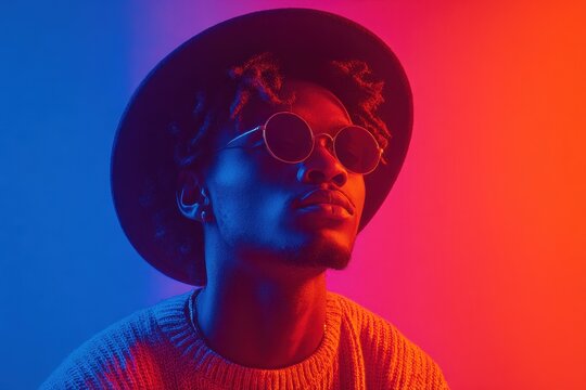 Hip hop Stylish young man in a neon lit room Vibrant colors African American musician indoors embodying youth culture through party and festival themes