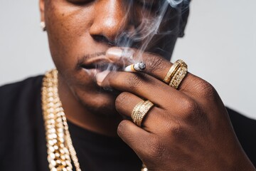 Confident black man in a dark shirt and gold jewelry smoking a cigarette isolated on white Studio photo