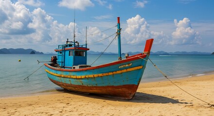 Fototapeta premium 青い漁船が穏やかな砂浜に静かに佇む。