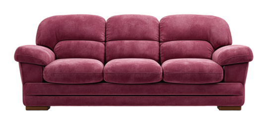 A three-seat, mauve-pink sofa with tufted back and armrests