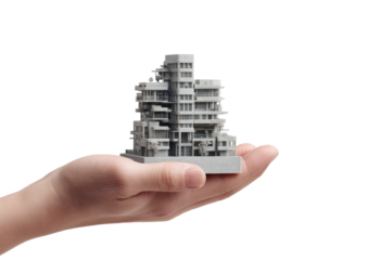 A hand holds a miniature, gray, stylized apartment building model.  The model is a 3D printed, complex structure of interconnected levels