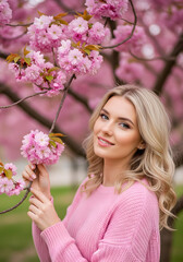 Naklejka premium Woman with blonde hair is wearing a pink sweater and posing in front of a tree with pink flowers