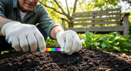 Caucasian mature male gardening with soil ph test kit in sunny backyard