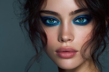 Fototapeta premium attractive brown haired woman wearing blue eyeshadow