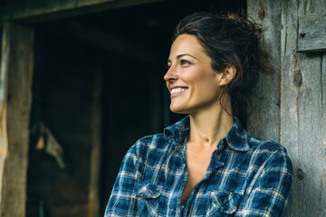 Fototapeta premium Attractive brunette in farm attire glances aside with a confident smile