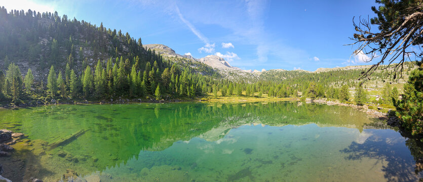 Le Vert Green Lake Fanes Lavarella Dolomites huge panorama landscape in summer season