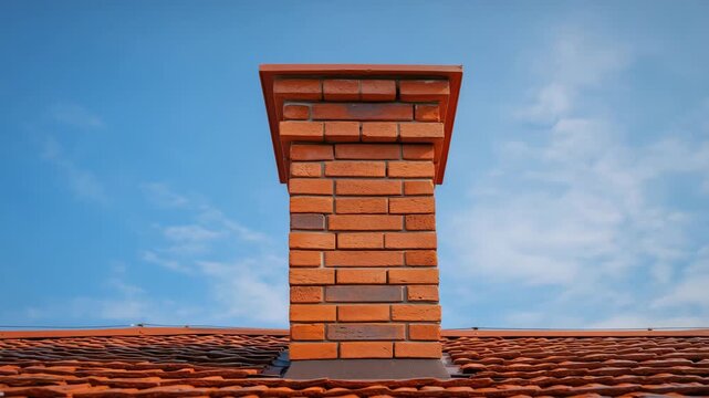 Red Brick Chimney on Tiled Roof against Blue Sky, Architectural Construction Video for Housing, Real Estate, and Engineering Projects, Clear Daytime Scene with Copy Space on Top