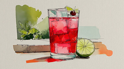 Ilustración de bebida con hielo, sandía y lima en acuarela