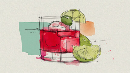 Ilustración de bebida con hielo, sandía y lima en acuarela