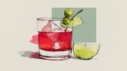 Ilustración de bebida con hielo, sandía y lima en acuarela