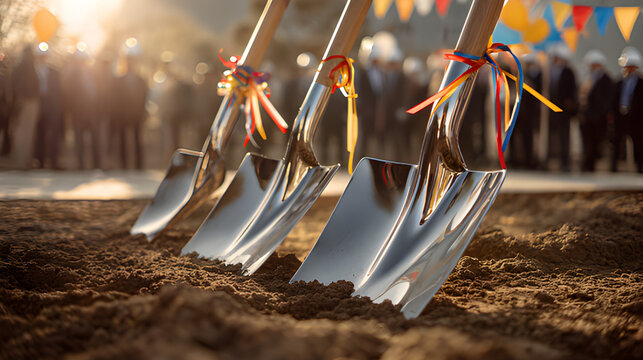 Groundbreaking shovels with ribbons ceremony traditional event marking the launching, start of construction for a new project on a sunlit background